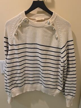 Sezane Cream Sweater with Black Stripes and Pearl Buttons
